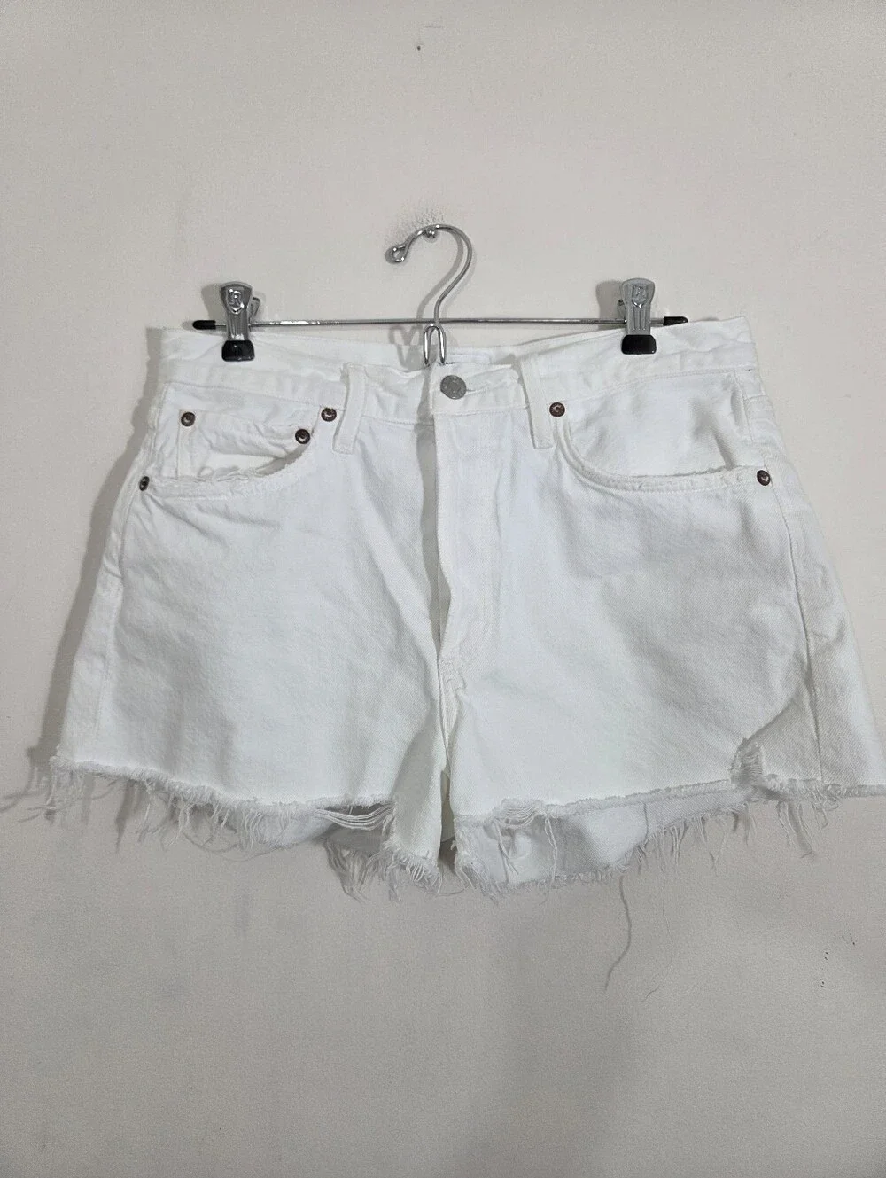 Agolde Parker Denim Jean Shorts in Dough White Boho Raw Hem Distressed Size 27